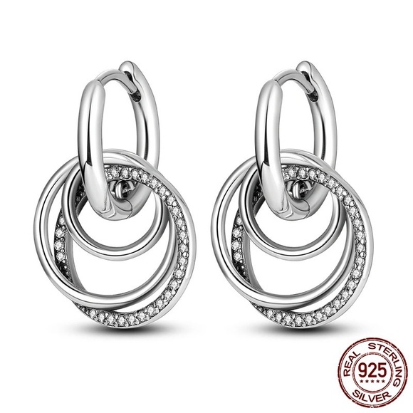 ◾️925 Sterling Silver Cubic Zircon Circle Charm Hoop Earrings - Picture 4 of 8